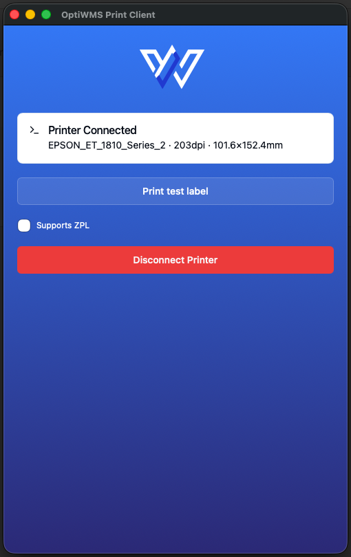 OptiWMS Print Hub desktop app: connected workstation with paired thermal printer and live label queue status