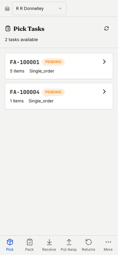 OptiWMS mobile pick screen: variant name in plain language with bin location, quantity, and scan-to-confirm